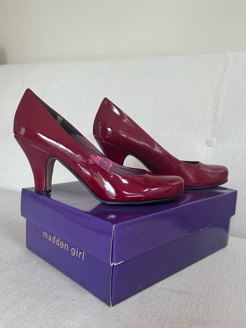 Madden Girl Dark Red Patent Mid Heel Pumps